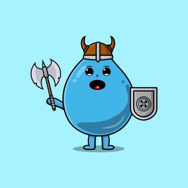 Şirin çizgi film karakteri Su damlası şapkalı ve elinde çekiç ve kalkanla viking korsanı