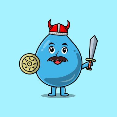 Cute cartoon character Water drop viking pirate with hat and holding hammer and shield