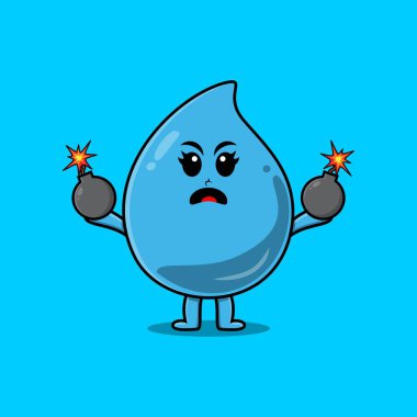 Sevimli karikatür su damlası, elinde düz modern tarzda korku ifadesi olan bir bomba var.