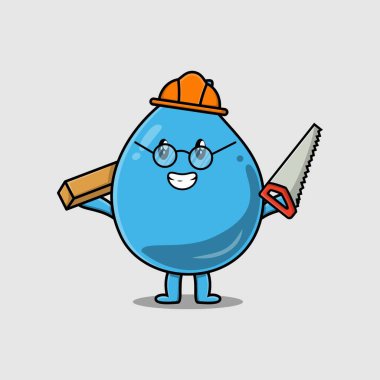 Tatlı çizgi film su damlası düz modern tarzda testereli ve ahşaplı marangoz karakteri.