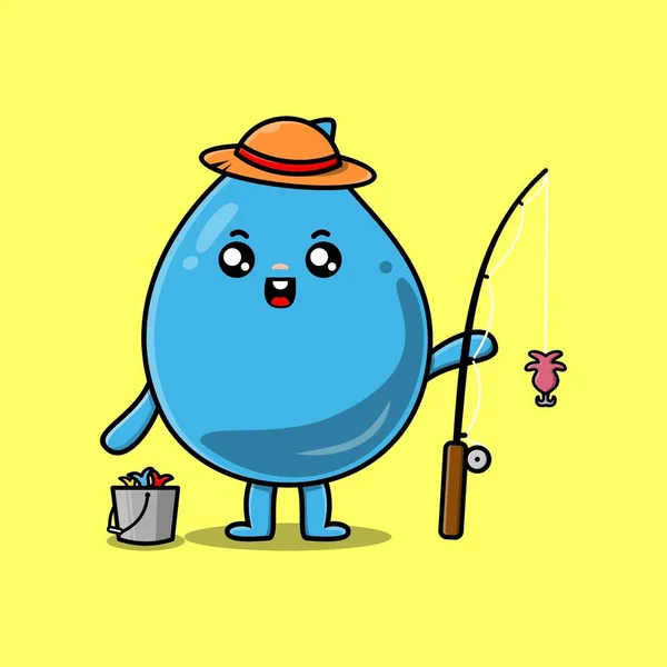 Cute Cartoon Water Drop Ready Fishing Wearing Fishing Equipment Cartoon — Vettoriale Stock
