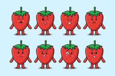 Kawaii çilek çizgi film karakterini farklı ifadelerle çizgi film yüz çizimleri ile ayarla