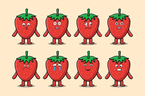 Set Kawaii Strawberry Cartoon Character Different Expressions Cartoon Face Vector — Stock Vector