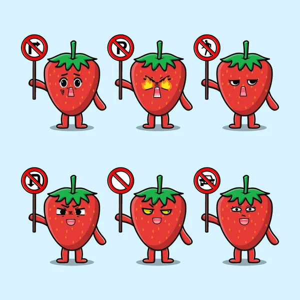 Cute Strawberry Cartoon Character Holding Traffic Sign Modern Flat Style — Vettoriale Stock