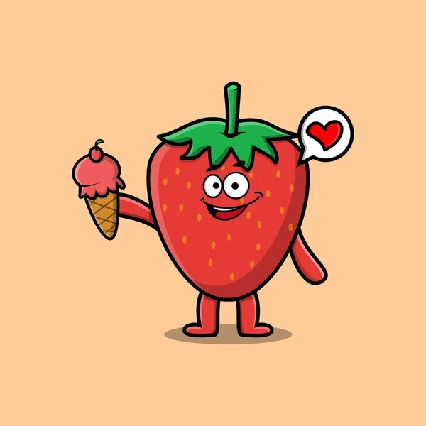 Cute Cartoon Strawberry Character Holding Ice Cream Cone — Stok Vektör