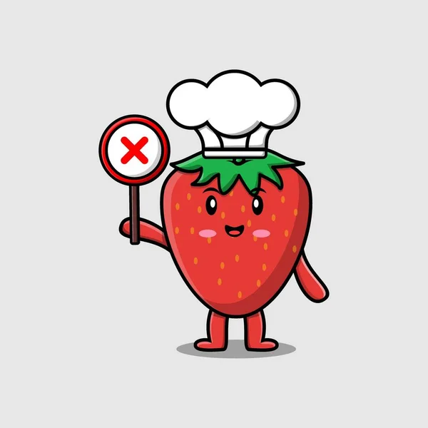 Cute Cartoon Strawberry Chef Character Holding Wrong Sign Board Vector — стоковый вектор