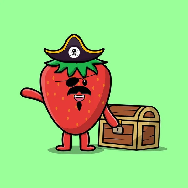 Cute Cartoon Character Strawberry Pirate Treasure Box Modern Style Design — Stok Vektör