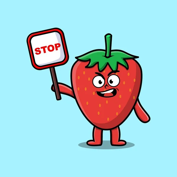 Cute Cartoon Mascot Illustration Strawberry Stop Sign Board Vector Drawing — стоковый вектор