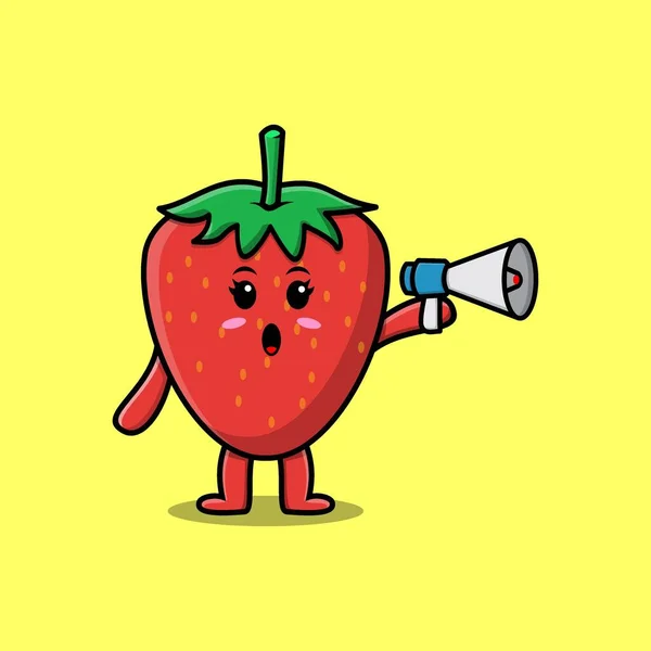 Cute Cartoon Strawberry Character Speak Megaphone Flat Cartoon Style Concept — стоковый вектор
