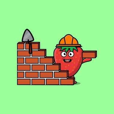 Düz modern stil tasarımında mason karakter rolünde şirin bir çilek çizgi filmi.