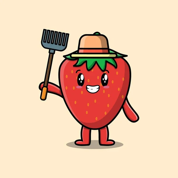 Cute Cartoon Agricultural Worker Strawberry Pitchfork Vector Image Cute Modern — Vector de stock