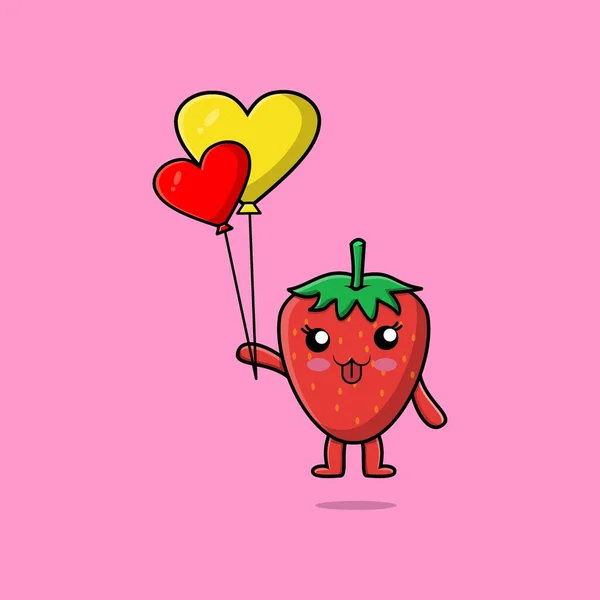 Cute Cartoon Strawberry Floating Love Balloon Cartoon Vector Illustration — Archivo Imágenes Vectoriales