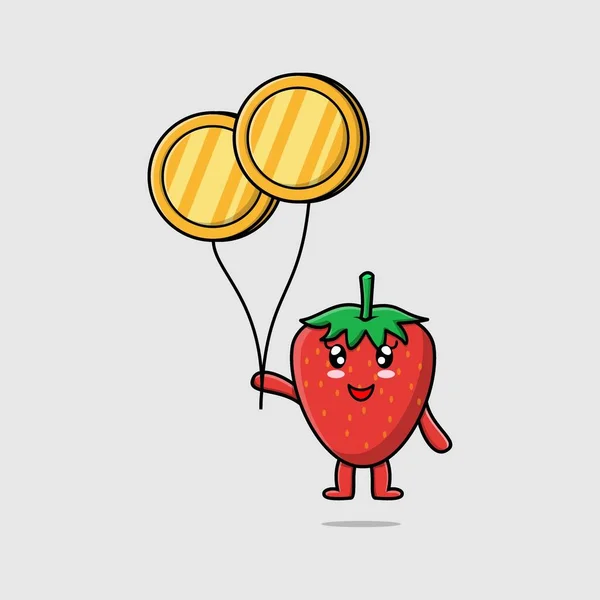 Cute Cartoon Strawberry Businessman Floating Gold Coin Balloon Cartoon Vector — Stock Vector