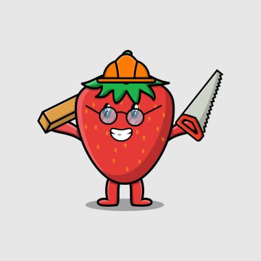 Marangoz karakteri olarak şirin bir çilek çizgi filmi. Düz modern stil tasarımlı testere ve ahşap.