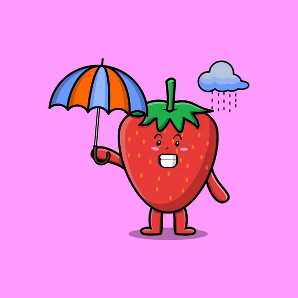 Cute Cartoon Strawberry Character Rain Using Umbrella Flat Modern Style — Vettoriale Stock