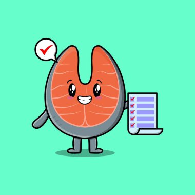 Cute cartoon fresh salmon character holding checklist note in concept flat cartoon style