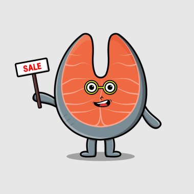Cute cartoon fresh salmon character holding sale sign designs in concept flat cartoon style