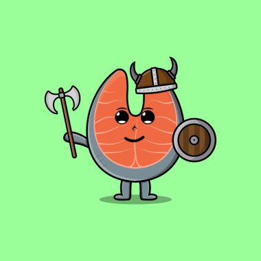 Cute cartoon character Fresh salmon viking pirate with hat and holding ax and shield