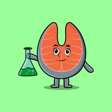 Cute cartoon mascot character fresh salmon as scientist with chemical reaction glass