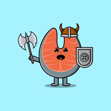 Cute cartoon character Fresh salmon viking pirate with hat and holding ax and shield