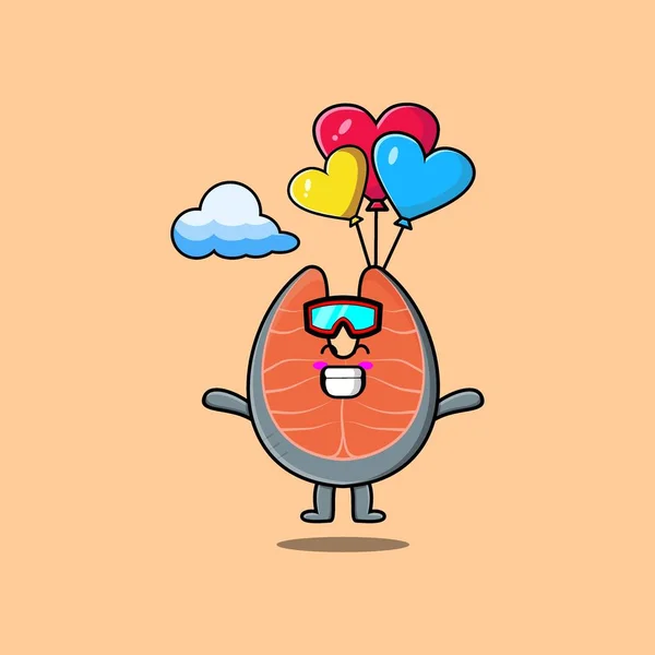Cute Cartoon Fresh Salmon Mascot Skydiving Balloon Happy Gesture Cute — ストックベクタ