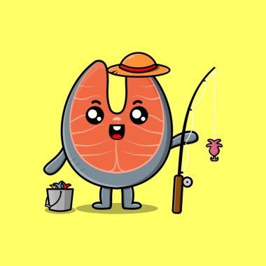 Cute cartoon fresh salmon ready fishing wearing fishing equipment cartoon character