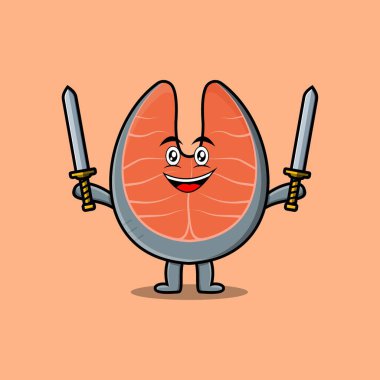Cute cartoon Fresh salmon character holding two sword in flat modern design