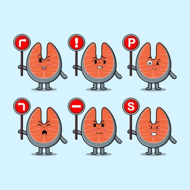 Cute fresh salmon cartoon character holding traffic sign in modern flat style design