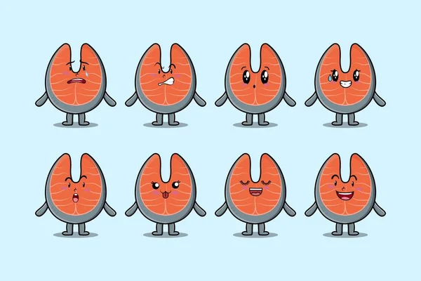 Set Kawaii Fresh Salmon Cartoon Character Different Expressions Cartoon Face — Vector de stock
