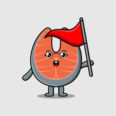 Cute cartoon Fresh salmon character holding triangle flag in flat modern design