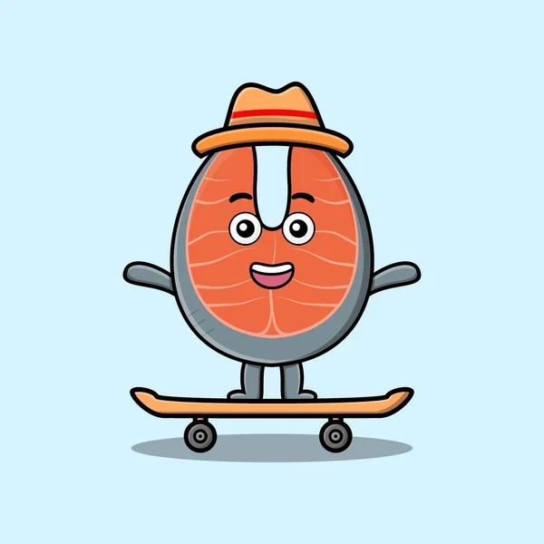 Cute Cartoon Fresh Salmon Standing Skateboard Cartoon Vector Illustration Style — Stock vektor