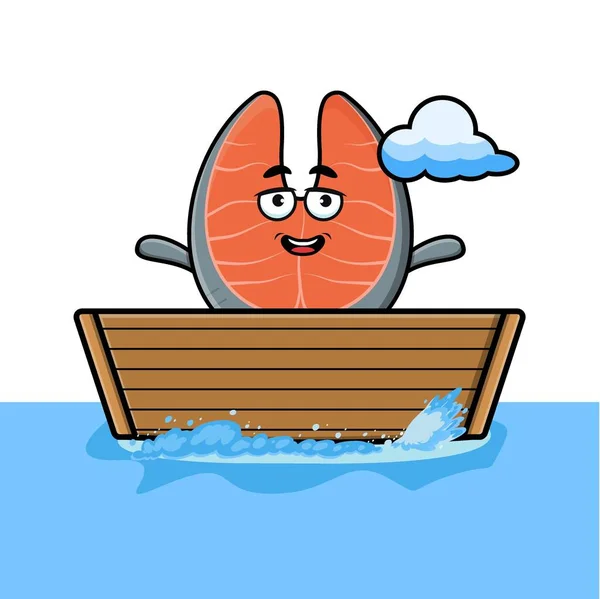 Cute Cartoon Fresh Salmon Get Boat Vector Character Illustration — Stok Vektör