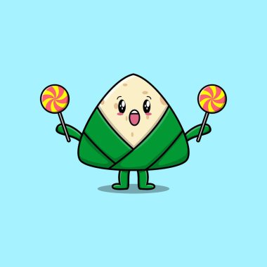 Cute cartoon chinese rice dumpling character holding lollipop candy in flat cartoon illustration