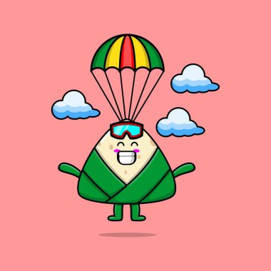 Cute mascot cartoon Chinese rice dumpling is skydiving with parachute and happy gesture