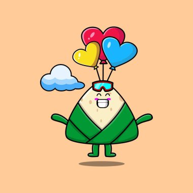 Cute cartoon Chinese rice dumpling mascot is skydiving with balloon and happy gesture