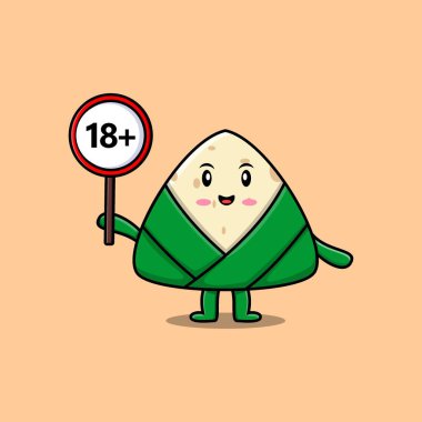 cute cartoon chinese rice dumpling holding 18 plus sign board in vector character illustration