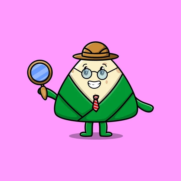 Cute Cartoon Character Chinese Rice Dumpling Detective Searching Magnifying Glass — Stock vektor