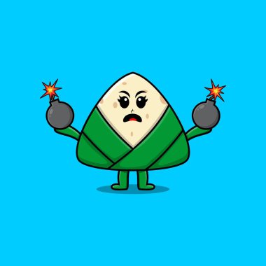 Cute cartoon chinese rice dumpling holding bomb with scared expression in flat modern style design