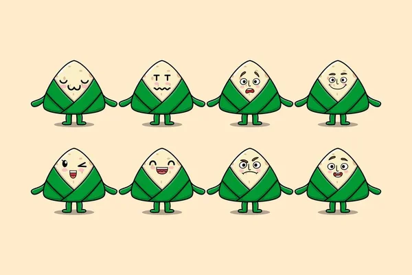 Набор Kawaii Китайский Рисовый Пельмень Персонаж Мультфильма Различными Выражениями Векторные — стоковый вектор