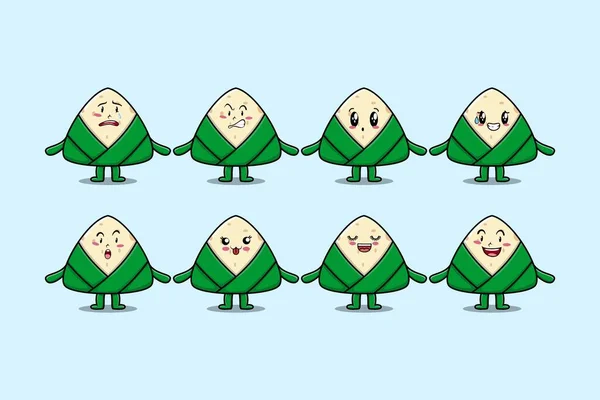 Set Kawaii Chinese Rice Dumpling Cartoon Character Different Expressions Vector — Stock vektor