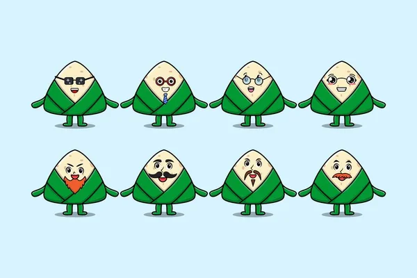Set Kawaii Chinese Rice Dumpling Cartoon Character Different Expressions Vector — Wektor stockowy