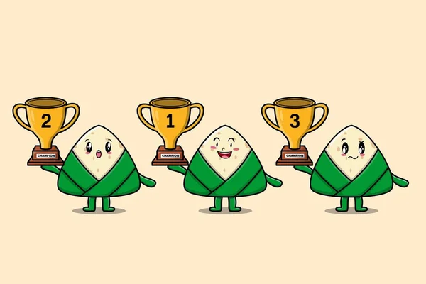 Set Cute Cartoon Chinese Rice Dumpling Holding Trophy Happy Expression — Stockvector