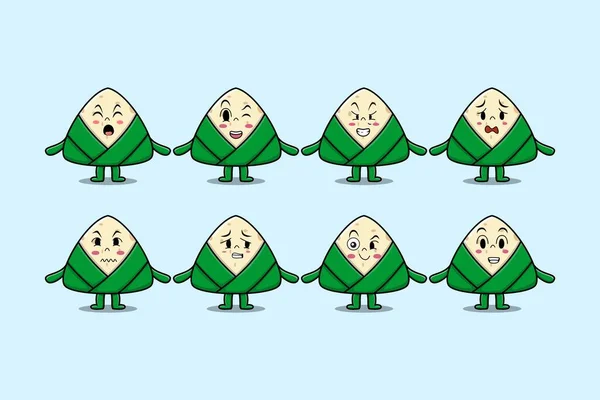 Set Kawaii Chinese Rice Dumpling Cartoon Character Different Expressions Vector — 스톡 벡터