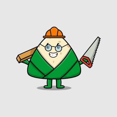 Cute cartoon chinese rice dumpling as carpenter character with saw and wood in flat modern style