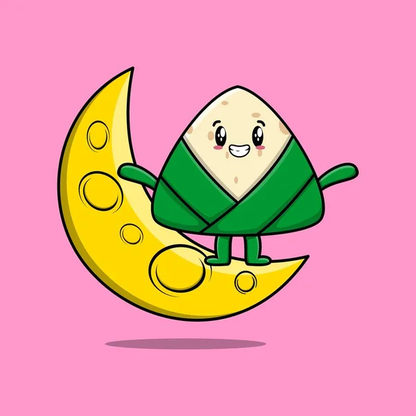 Cute Cartoon Chinese Rice Dumpling Character Standing Crescent Moon Flat — Archivo Imágenes Vectoriales