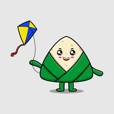 Cute cartoon chinese rice dumpling character playing kite flaying cartoon icon vector illustration