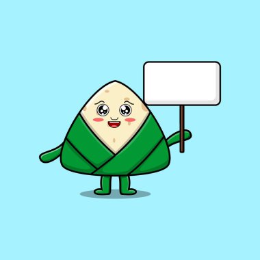 Cute cartoon chinese rice dumpling character holding blank board in cartoon style illustration