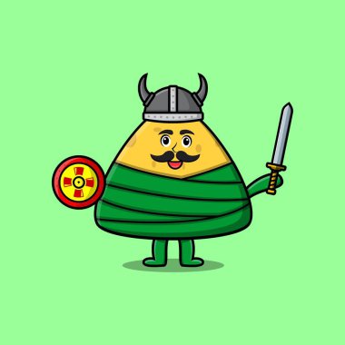 Sevimli çizgi film karakteri Çin pirinçli börek yiyen şapkalı, elinde kılıç ve kalkanla Viking korsanı.