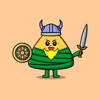 Sevimli çizgi film karakteri Çin pirinçli börek yiyen şapkalı, elinde kılıç ve kalkanla Viking korsanı.