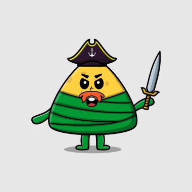 Cute cartoon mascot character chinese rice dumpling pirate with hat and holding sword